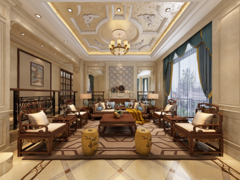  新中式跃式客厅全景3D模型 