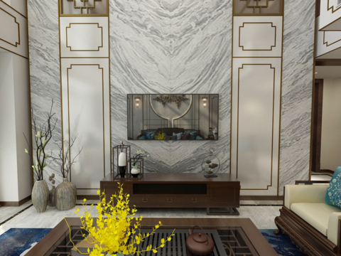  新中式别墅客厅餐厅全景3D模型 