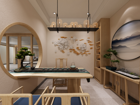  新中式茶室卧室全景3d模型 