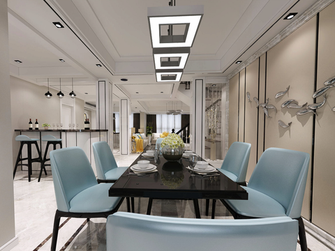  现代客厅餐厅门厅全景3D模型 