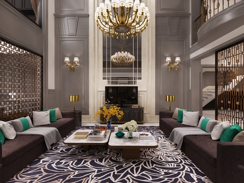  简欧别墅客厅全景3D模型 