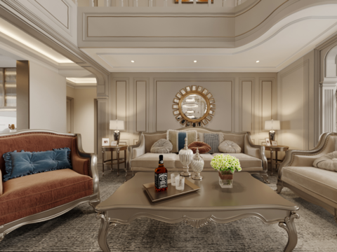  美式别墅客厅餐厅cr全景3d模型 