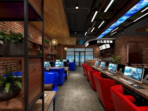  工业风网吧网咖全景3d模型 