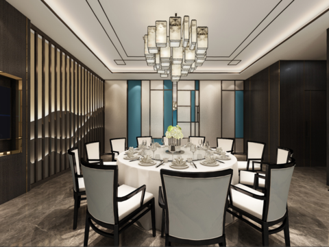  新中式酒店餐厅包间全景3d模型 