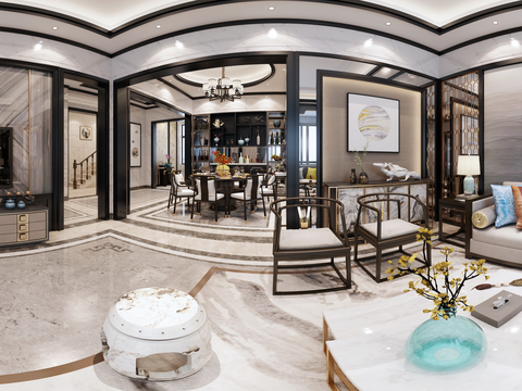  新中式客厅餐厅全景3D模型 