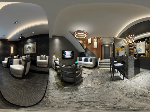 新中式别墅负一楼娱乐室视听室全景3D模型 