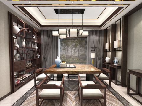  新中式茶室餐厅VR全景3D模型 