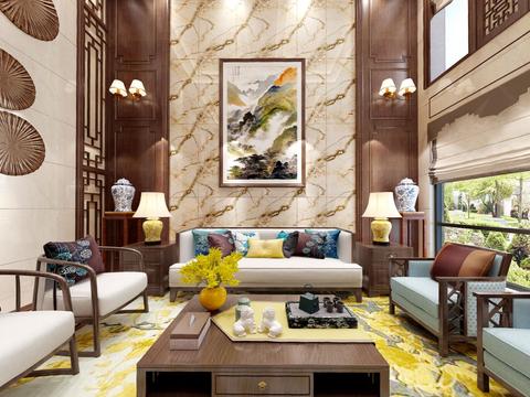  中式别墅客厅全景3D模型 