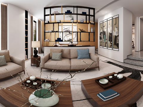  新中式跃式客厅全景3D模型 