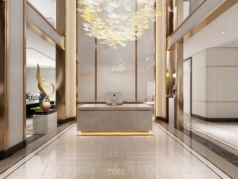  新中式办公大厅全景3D模型 