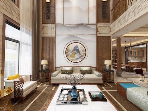  新中式别墅客厅餐厅全景3D模型 