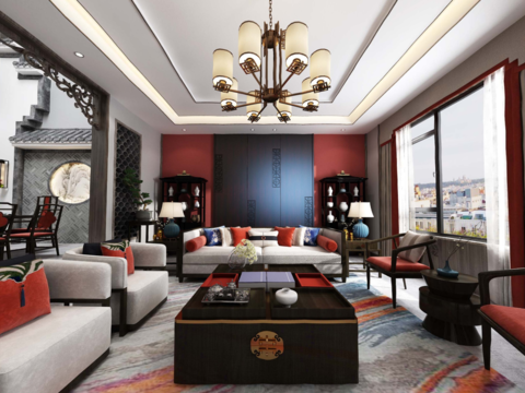  新中式别墅客厅餐厅全景3D模型 