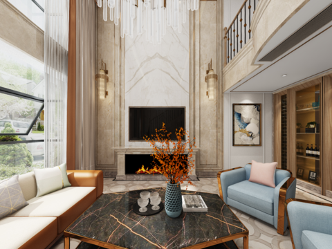  现代别墅客厅餐厅全景3d模型 