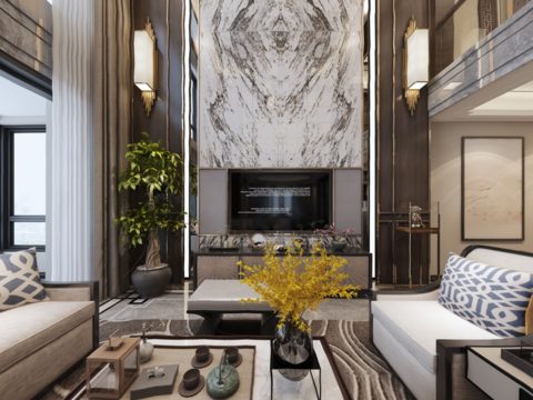  中式别墅客厅餐厅全景3D模型 