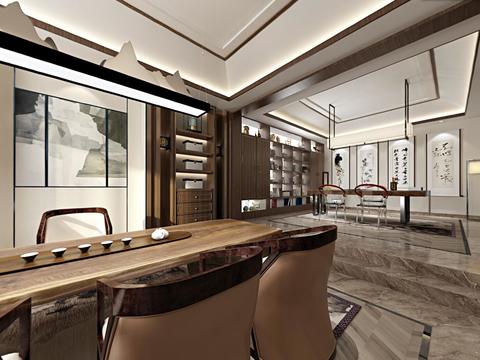  新中式茶室书房全景3d模型 