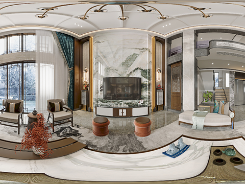  新中式挑空别墅客餐厅vr全景3d模型 