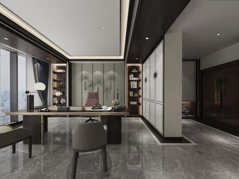  新中式董事长办公室全景3d模型 