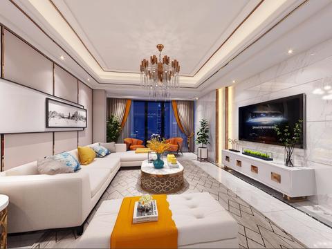  后现代客厅餐厅全景3D模型 