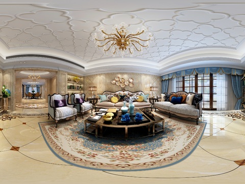  欧式新古典客厅餐厅全景3D模型 