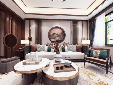  新中式客厅餐厅vr全景3d模型 