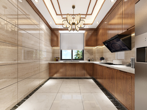  新中式厨房橱柜全景3D模型 