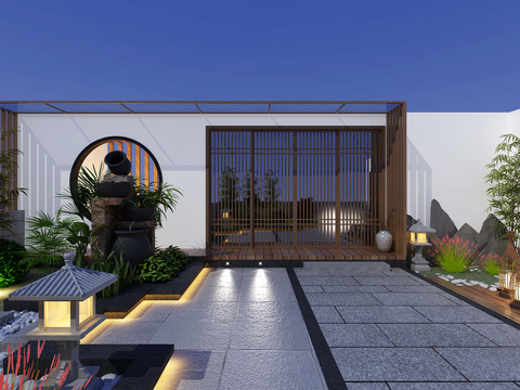  新中式庭院花园全景3D模型 