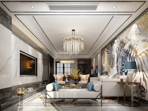  后现代客厅餐厅全景3D模型 