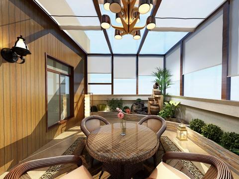  新中式休闲阳光房全景3D模型 