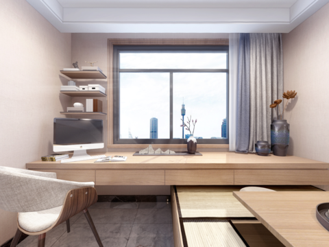  新中式榻榻米书房全景3d模型 