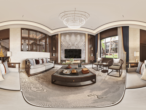  新中式别墅客厅餐厅cr全景3d模型 