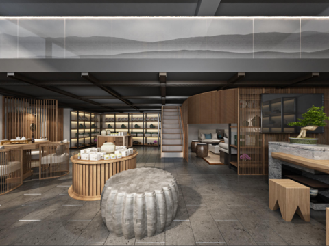  新中式茶叶店全景3d模型 