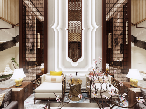  新中式别墅大堂全景3D模型 