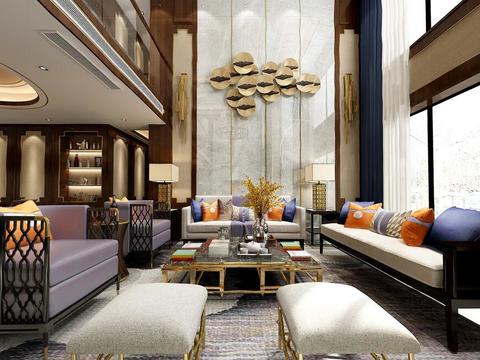  新中式别墅客厅餐厅全景3D模型 