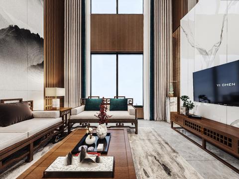  新中式复式别墅客厅vr全景3d模型 