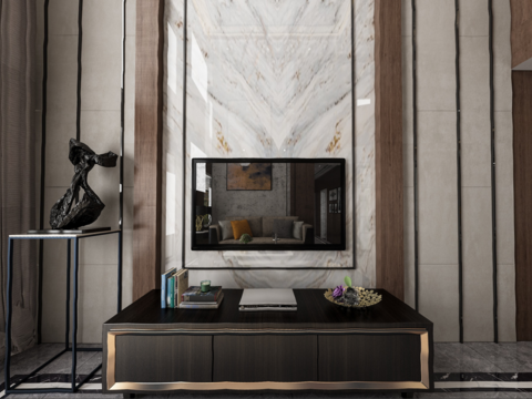  现代别墅客厅餐厅全景3D模型 