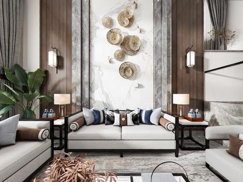  新中式轻奢别墅客厅vr全景3d模型 