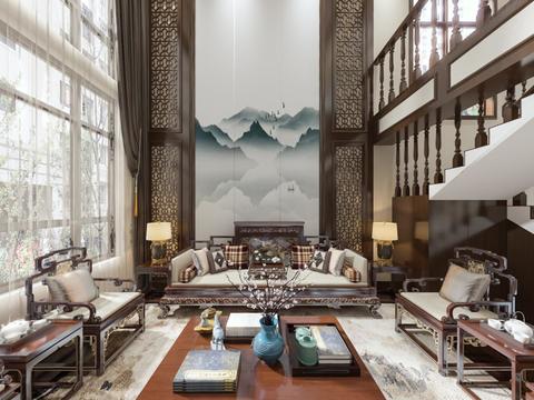  新中式别墅客厅vr全景3d模型 