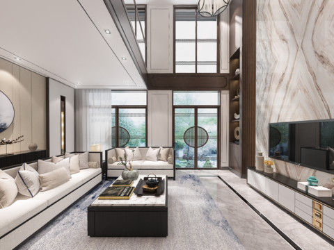  新中式别墅客厅餐厅全景3d模型 