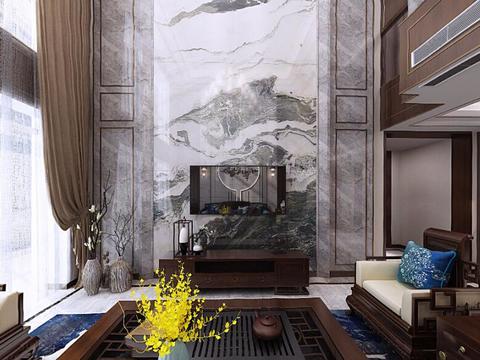  新中式别墅客厅全景3D模型 