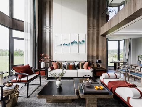  新中式别墅客厅麻将室cr全景3d模型 