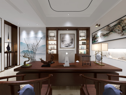  新中式总经理办公室茶室全景3d模型 