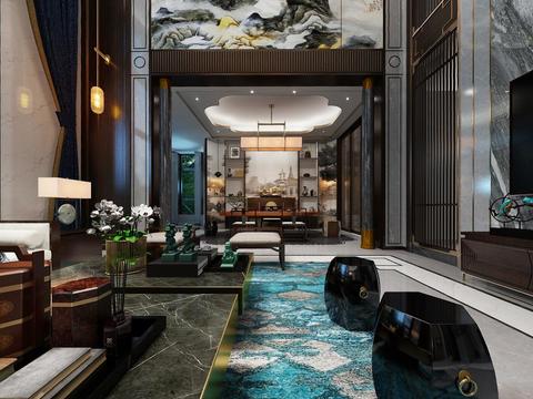  新中式别墅客厅茶室VR全景3D模型 