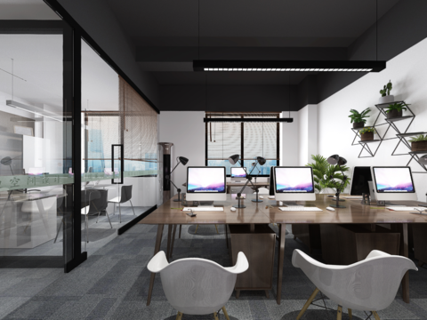  工业风办公室办公区全景3d模型 