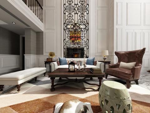  美式别墅客厅餐厅VR全景3D模型 