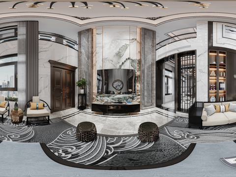  新中式别墅客厅vr全景3d模型 