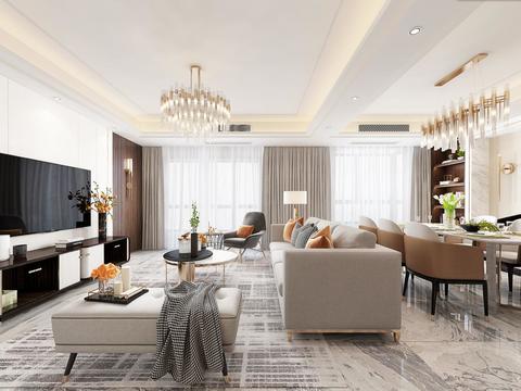  现代别墅客厅餐厅3d模型 