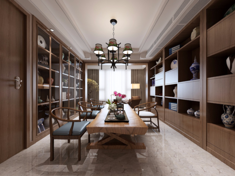  新中式茶室餐厅全景3D模型 