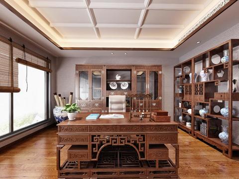  中式书房全景3d模型 