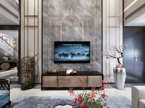  新中式别墅客厅餐厅全景3d模型 