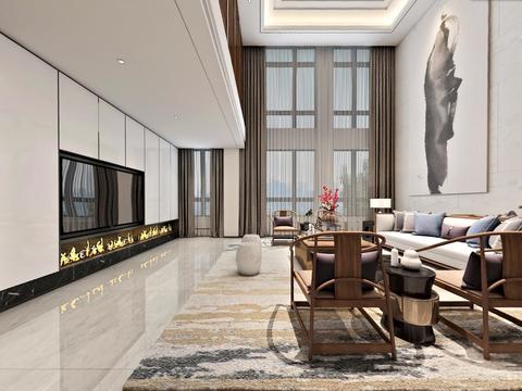  新中式别墅客厅楼梯间vr全景3d模型 